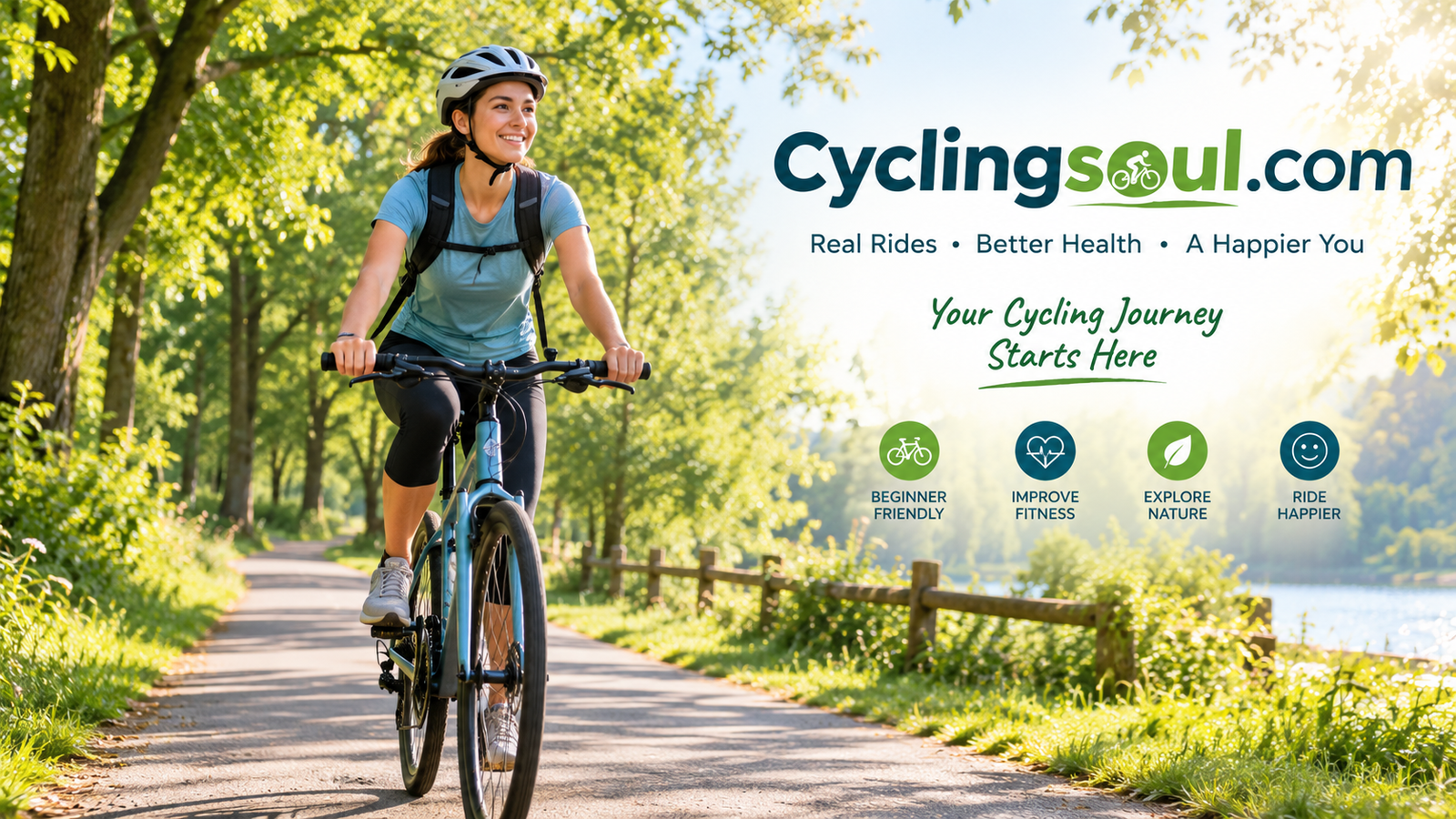 A beginner cyclist riding a quiet, tree-lined path on a sunny morning