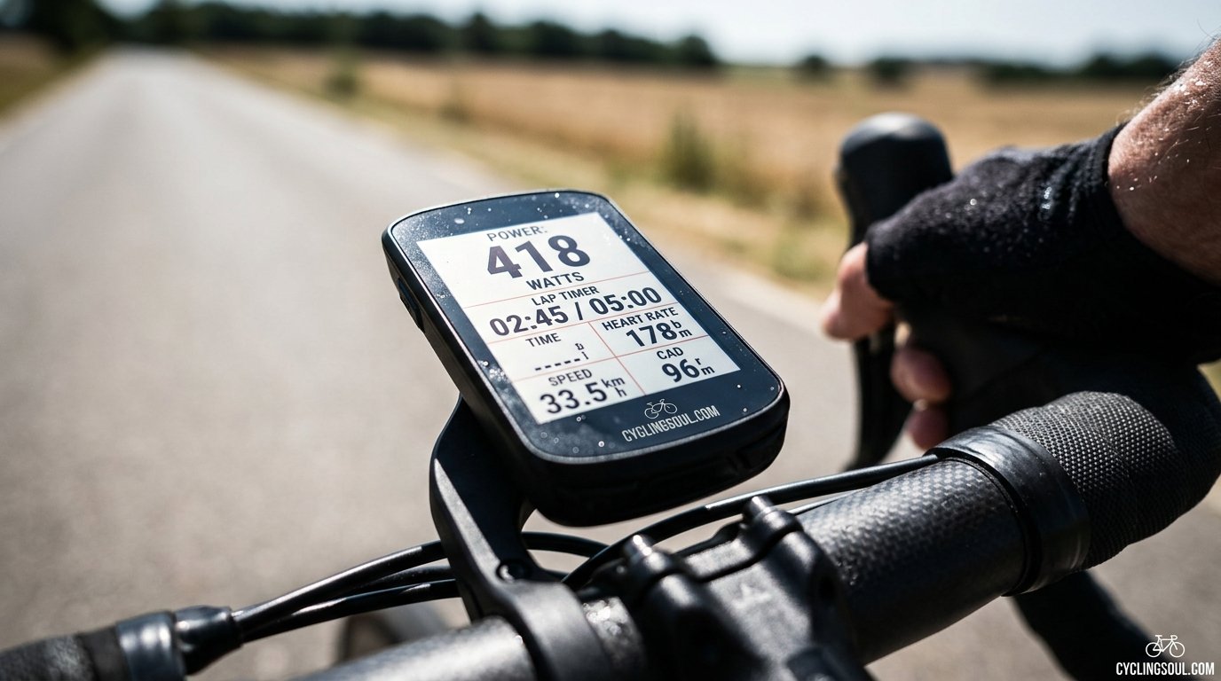 Close-up of a cycling computer displaying power in watts during a hard interval