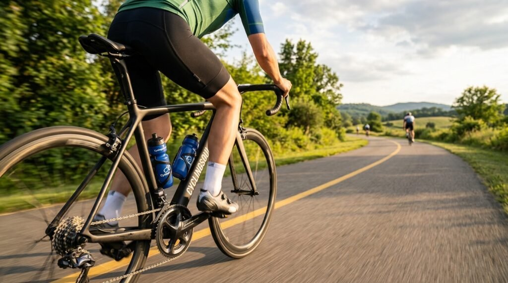 Close-up of a cyclist pedaling on a bike path with a water bottle on the frame