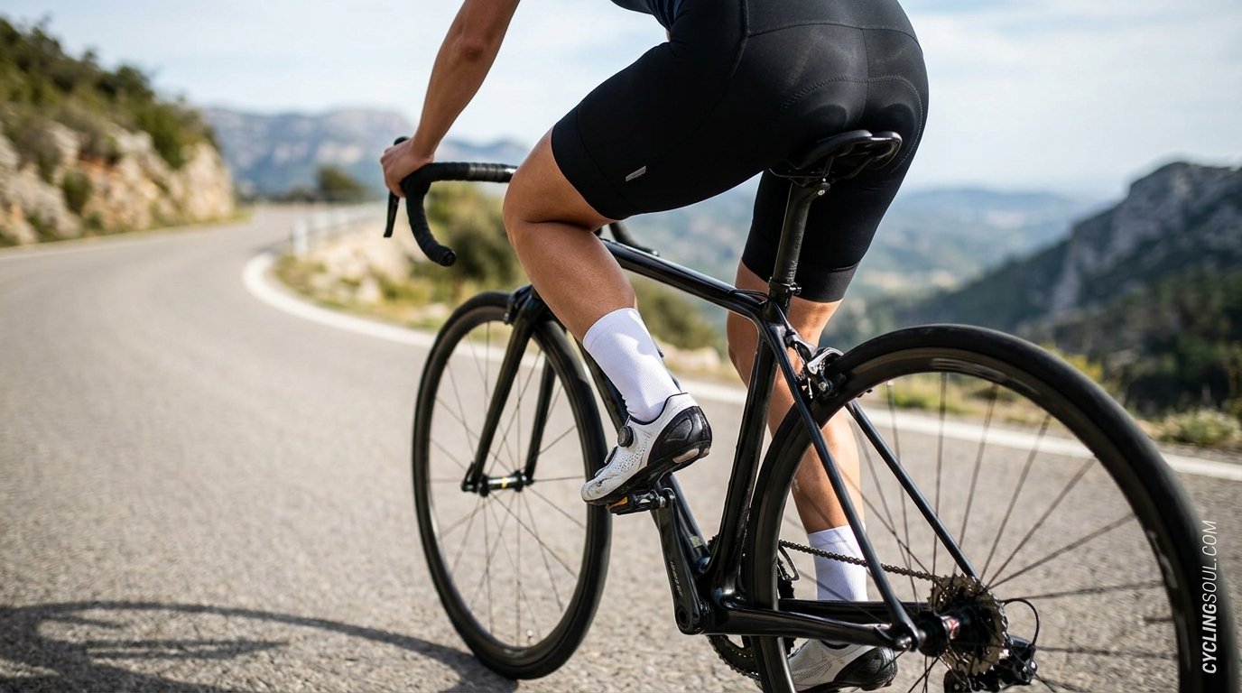 Close-up of a cyclist's legs and glutes pushing on the pedals