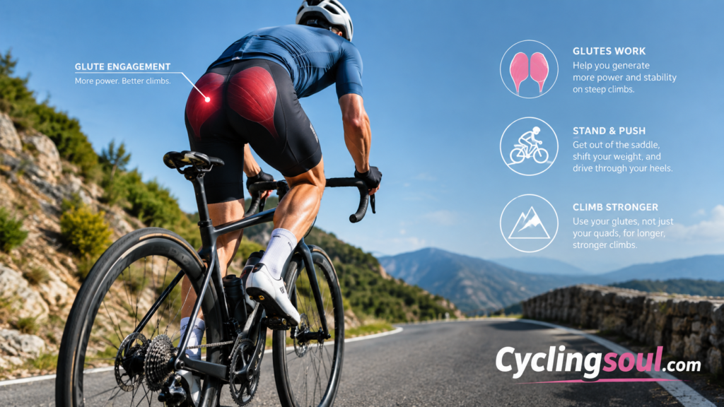 Cyclist climbing a hill out of the saddle, showing glute engagement