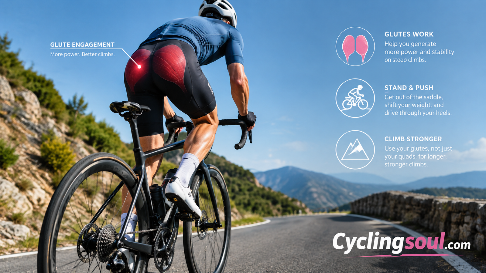 Cyclist climbing a hill out of the saddle, showing glute engagement
