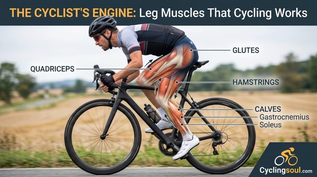 Cyclist pedaling on a road bike showing the leg muscles that cycling works