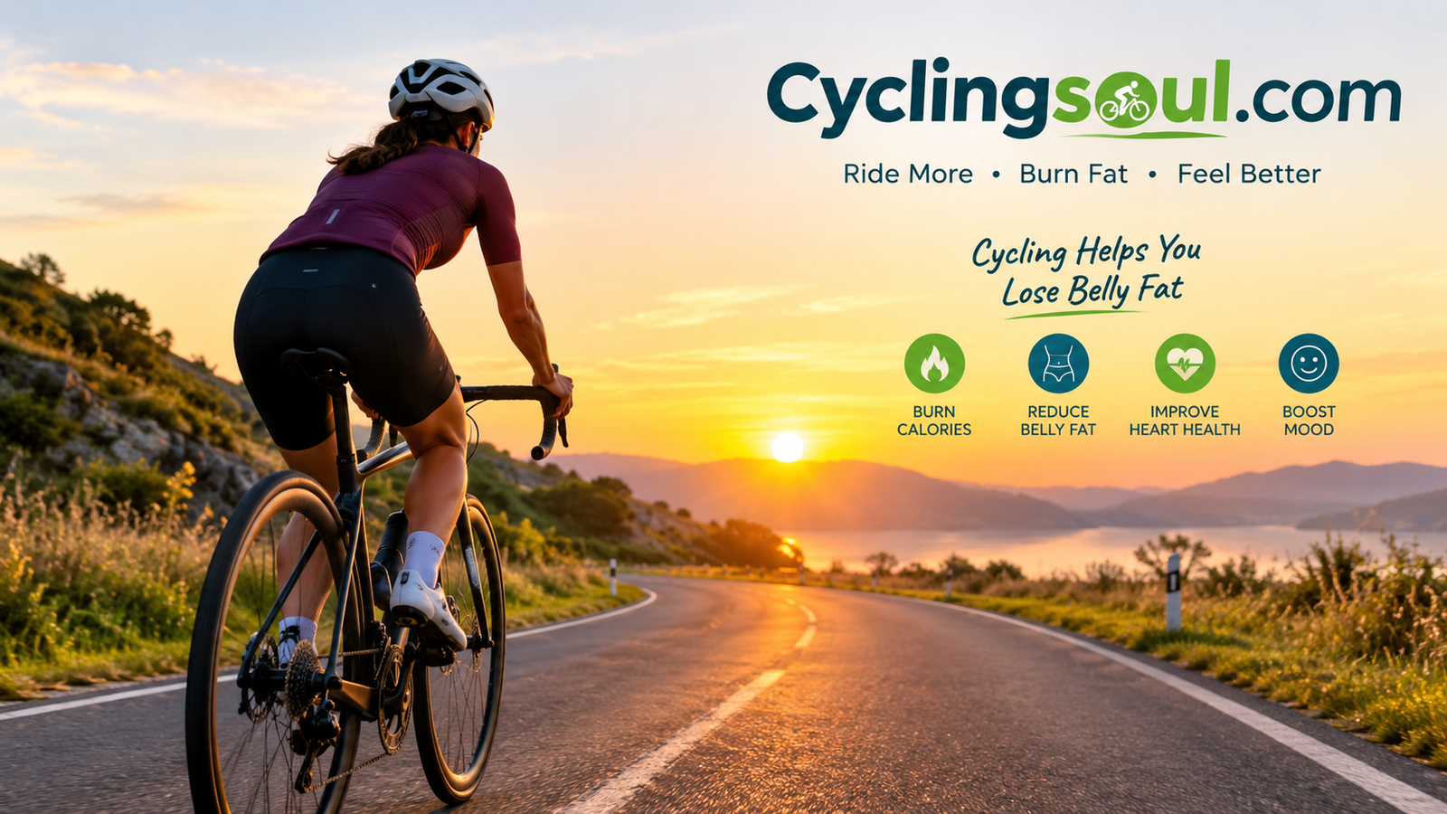 Cyclist riding a quiet road at sunrise, representing cycling for belly fat loss