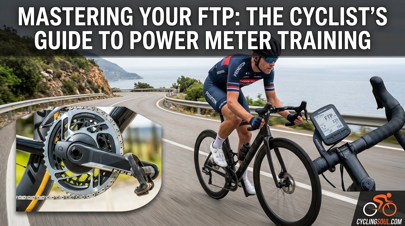 Cyclist riding a road bike with a power meter, training to understand functional threshold power