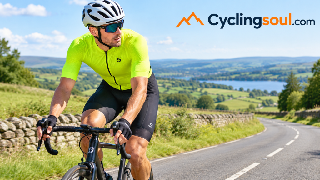 Cyclist wearing a bright jersey, padded shorts and a helmet on a quiet country road