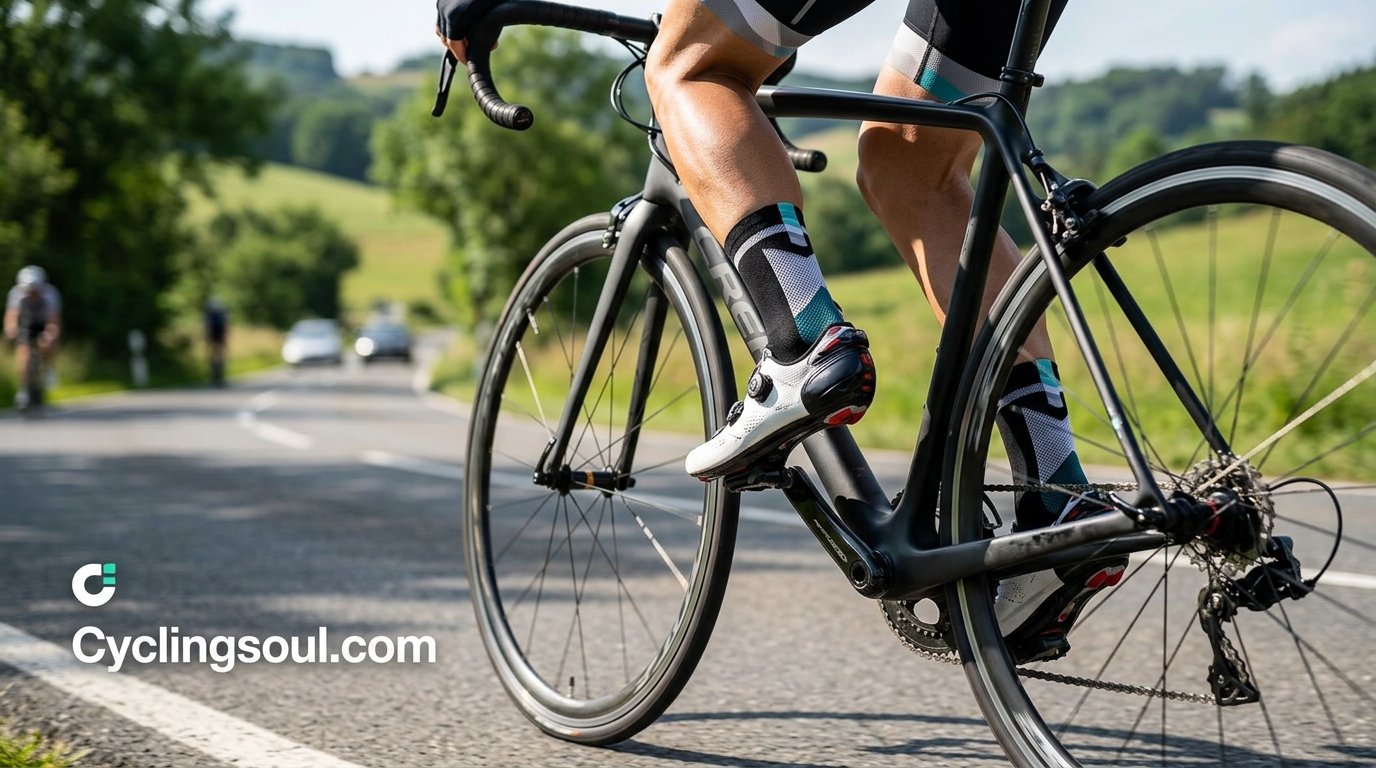 Cyclist wearing performance cycling socks and shoes on a road ride
