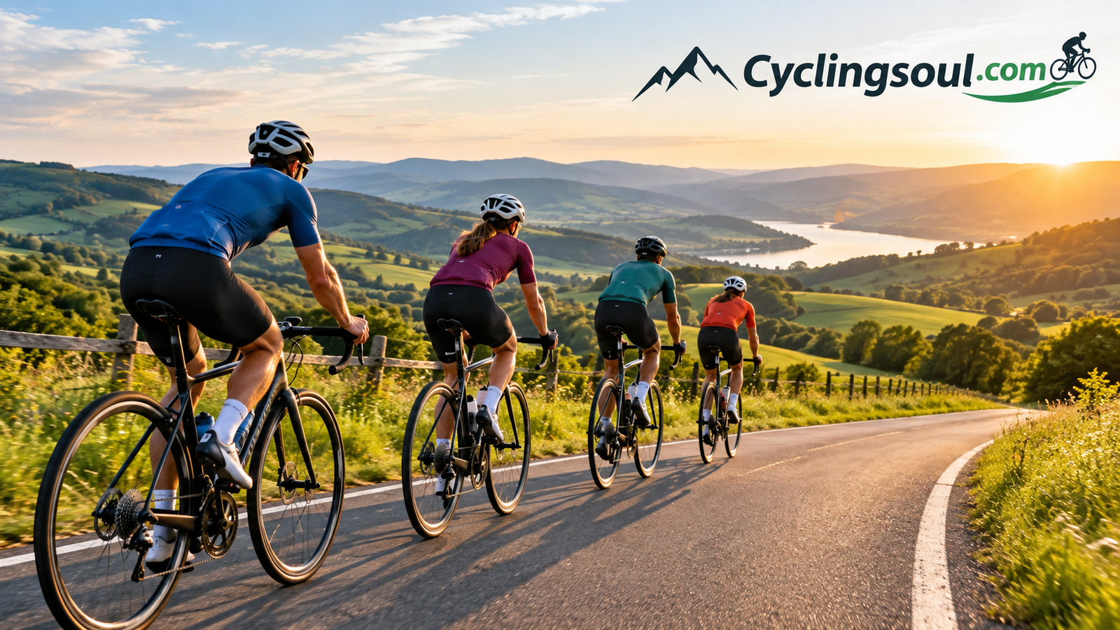 Group of cyclists riding together through rolling hills