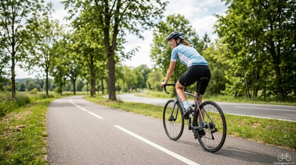 Rider pedaling steadily on a paved bike path